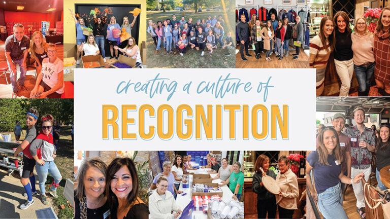 Collage of various groups of people at events, with the text "creating a culture of RECOGNITION" in the center. Participants are engaged in different activities, smiling and interacting in casual settings.