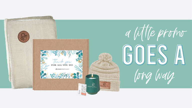 Promotional gift set includes a beige knit blanket, a box with a "Thank you" card, a beige knit hat, and a green candle in a holder. The text reads, "A little promo goes a long way," on a light teal and white background.