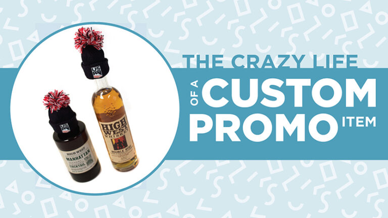 Two bottles with branded winter hats on top, placed on the left. The text on the right reads "The Crazy Life of a Custom Promo Item" against a light blue background with geometric patterns.