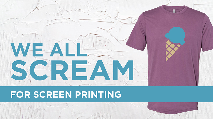 A purple t-shirt featuring a blue ice cream cone graphic is displayed. Next to it, bold text reads "We All Scream" in blue, and below in a smaller font, "For Screen Printing" on a textured white background.