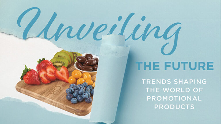 A torn paper effect reveals a cutting board with assorted fruits and chocolates on the left. The text reads "Unveiling the Future: Trends Shaping the World of Promotional Products" on a blue background.