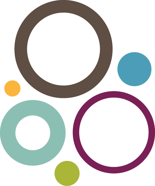 Abstract design with colorful circles and rings. Large brown and purple rings overlap smaller teal, blue, green, and yellow circles on a white background.