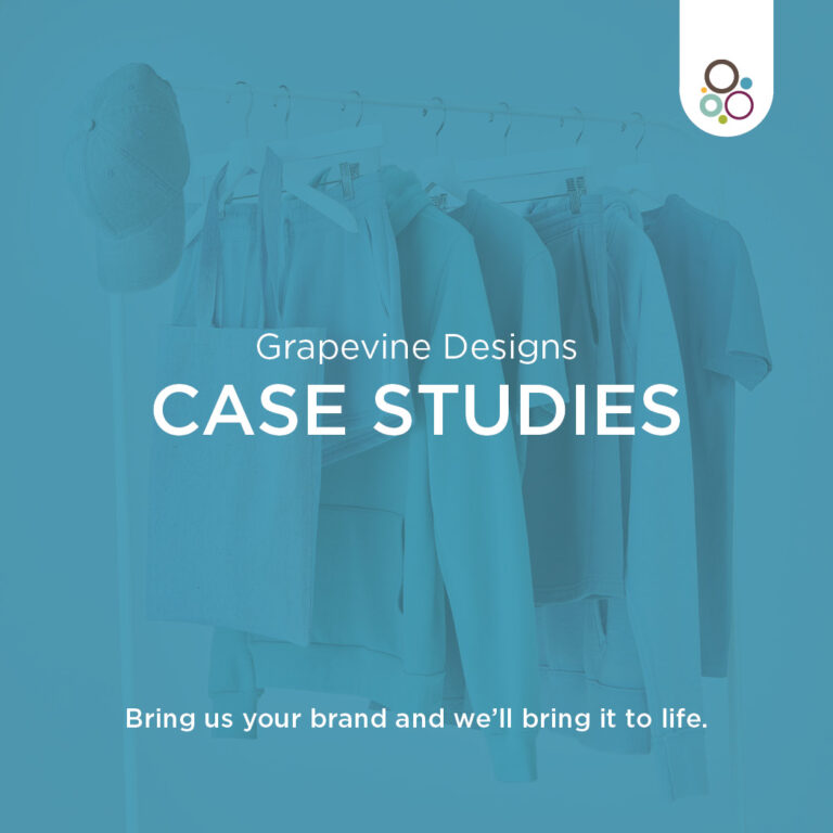 A display of clothing items, including shirts and a hat, on hangers. Text overlay reads "Grapevine Designs Case Studies" and "Bring us your brand and we'll bring it to life." A colored logo is in the top right corner.