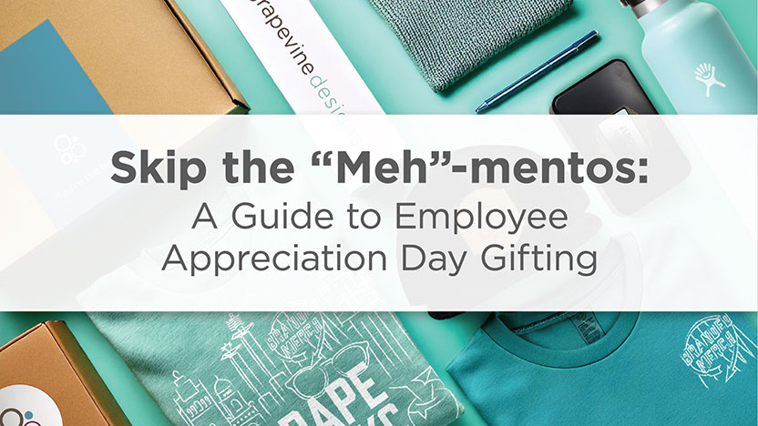 A collection of employee appreciation gifts, including a planner, water bottle, T-shirt, notebook, and pen. Text overlay reads: "Skip the 'Meh'-mentos: A Guide to Employee Appreciation Day Gifting.