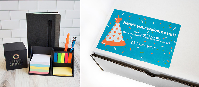 A white box with a festive sticker reading "Here's your welcome hat!" is next to a black organizer containing sticky notes, pens, and highlighters. A SelectQuote branded box and notepad are also shown in the image.