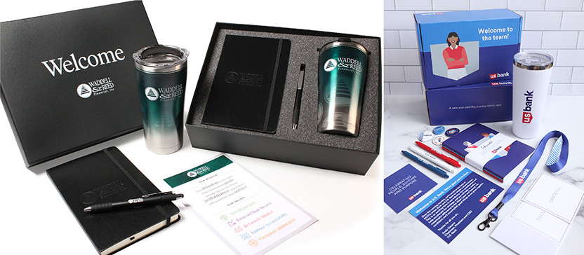 Left: A welcome kit with a tumbler, notebook, and pen, branded "Wooden Asset Management," in a black box. Right: A US Bank welcome kit with a branded tumbler, pen, notebook, and inspirational card in a blue and white box.