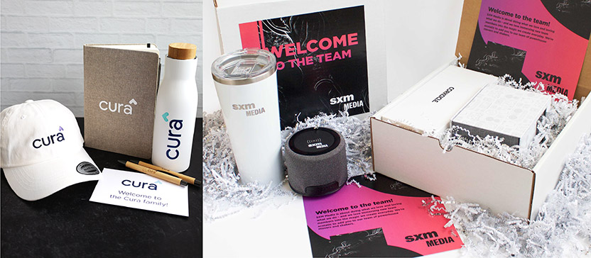 Left: Cura-branded items including a notebook, water bottle, cap, pen, and a "Welcome to the Cura family!" card. Right: Box with SXM Media-branded items like a mug, speaker, water bottle, and a "Welcome to the team!" card.