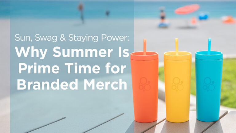 Three colorful drink tumblers—orange, yellow, and blue—sit on a light surface with a blurred beach scene in the background. Text reads, "Why Summer Is Prime Time for Branded Merch.
