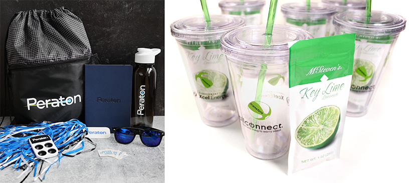 A collection of branded Peraton items including a backpack, notebook, water bottle, lanyard, sunglasses, and badge holder on the left, and clear cups with green straws and key lime tea packets on the right.