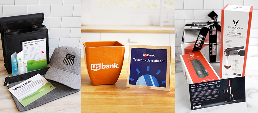 Three gift sets are shown: golf-themed items with a US Bank cap and binoculars, an orange US Bank cup with a card, and a Coravin wine preservation kit with bottle accessories and branded packaging.