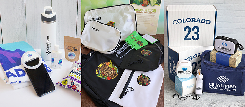 Three gift sets: the first has a water bottle, towel, phone pouch, and snacks; the second includes travel pouches, snacks, and a drawstring bag; the third has a mug, tumbler, socks, lotion, and branded items in a "Colorado 23" box.