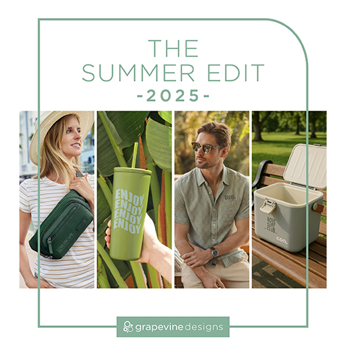 A promotional collage for "The Summer Edit 2025" by Grapevine Designs, featuring a woman with a green bag, a green tumbler, a man in sunglasses and a green shirt, and a green cooler on a park bench.