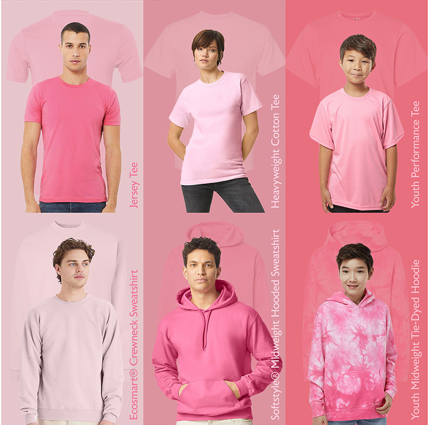 A collage shows six people modeling different pink shirts and hoodies, including jersey, cotton, performance tee, crewneck sweatshirt, hooded sweatshirt, and tie-dyed hoodie styles, on light and bright pink backgrounds.