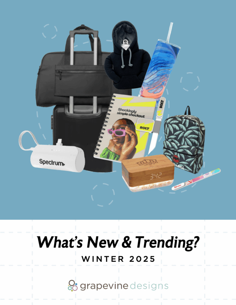 A collage of trendy winter 2025 products, including a black suitcase, neck pillow, colorful tumbler, portable charger, planner notebook, digital clock, palm-leaf backpack, and two colorful toothbrushes. Text: "What's New & Trending? Winter 2025.