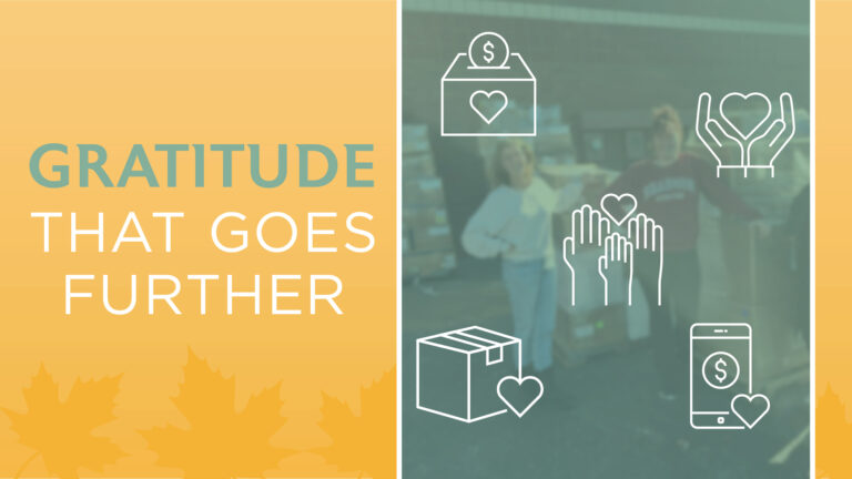 A graphic with the text "GRATITUDE THAT GOES FURTHER" on a yellow background, next to a faded photo of two people. White donation, heart, and hands icons are overlaid on the right side, with leaf patterns in the background.