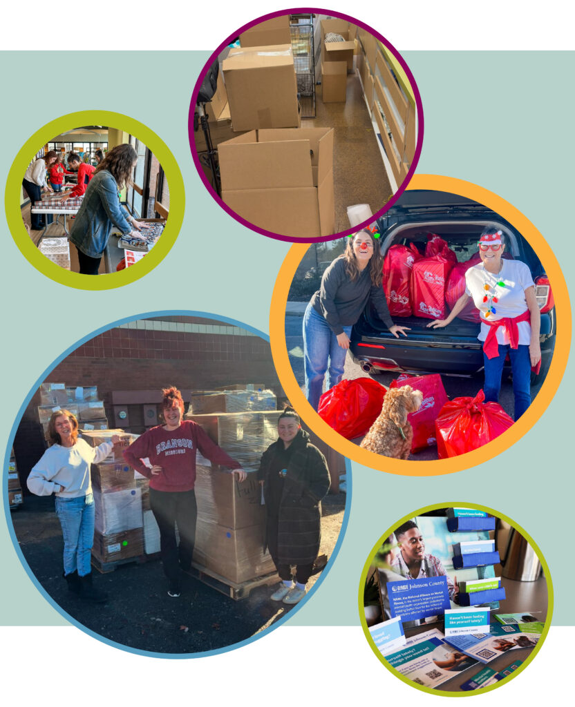 A collage of five photos shows people packing boxes, distributing food, unloading supplies, loading a car with red bags, and setting up informational signs at a community event.