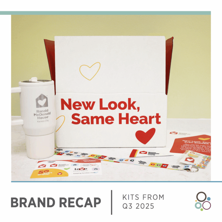 A branded display features a white box with red text reading "New Look, Same Heart," a white travel mug, colorful printed materials, and stickers. The theme highlights a brand update for kits from Q3 2025.