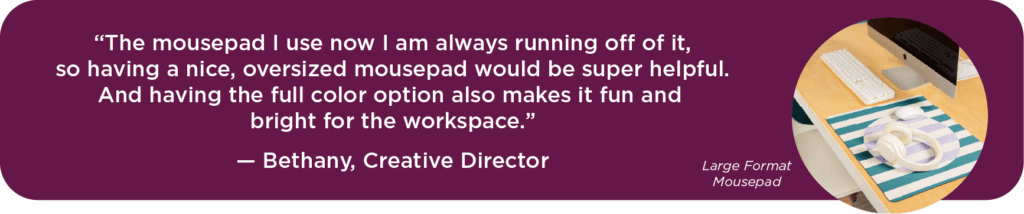 A testimonial quote about a large, colorful mousepad is shown on a purple background, alongside a photo of a desk with a striped oversized mousepad, keyboard, mouse, and notepad.