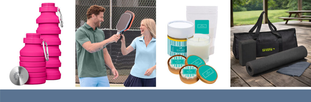Four images: bright pink collapsible water bottles, a man and woman playing pickleball, a candle-making kit with supplies, and a yoga mat beside a black duffel bag on a wooden picnic table outdoors.