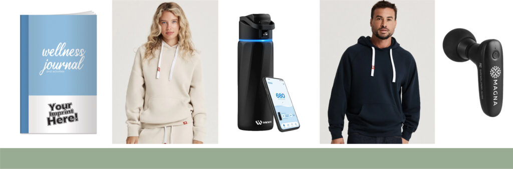 A blue wellness journal, a woman in a light beige hoodie, a smart water bottle with a phone, a man in a black hoodie, and a black wireless earbud with "MAGNA" branding on it, all on a white background.