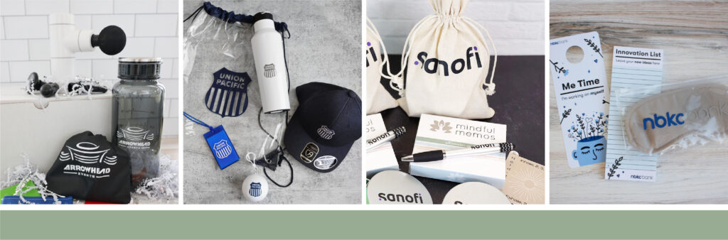 A collage of branded promotional items, including water bottles, hats, tote bags, notepads, keychains, and pouches from companies like Arrowhead, Union Pacific, sanofi, and nbkc, displayed on different backgrounds.