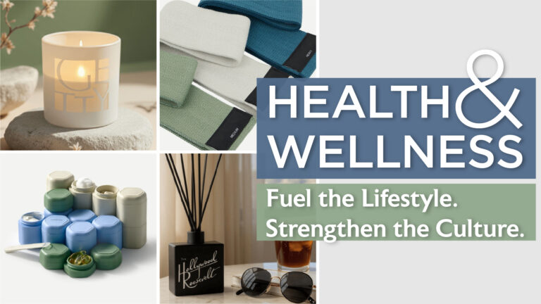 A collage with a candle, folded towels, reusable containers, sunglasses on a book, and the words "HEALTH & WELLNESS. Fuel the Lifestyle. Strengthen the Culture." on a blue and green background.