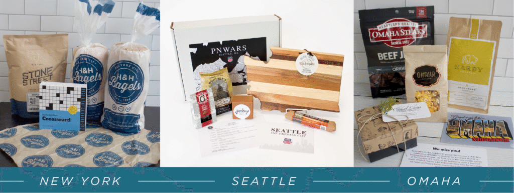 Three gift packages representing New York (bagels, coffee, crossword), Seattle (cutting board, coffee, chocolate, spices), and Omaha (beef jerky, steak, popcorn, snacks) are displayed side by side.
