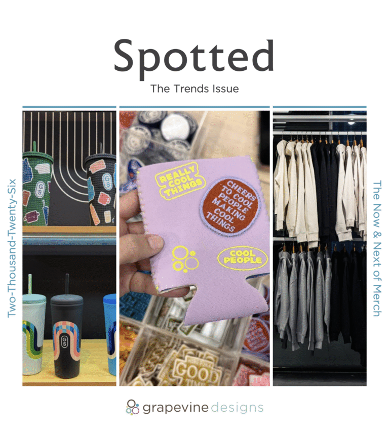 Collage with three images: colorful cups with straws on a shelf, a hand holding a purple drink sleeve with cheerful stickers, and neatly hung neutral-toned clothing. Title: "Spotted: Winter 2025 promotional product trends" by Grapevine Designs.