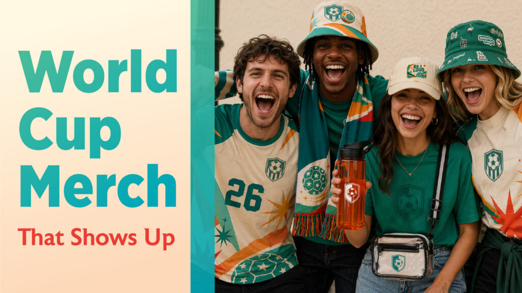 Four smiling people wearing World Cup themed merch, including hats, shirts, and accessories, stand together. Text on the left reads, "World Cup Merch That Shows Up.