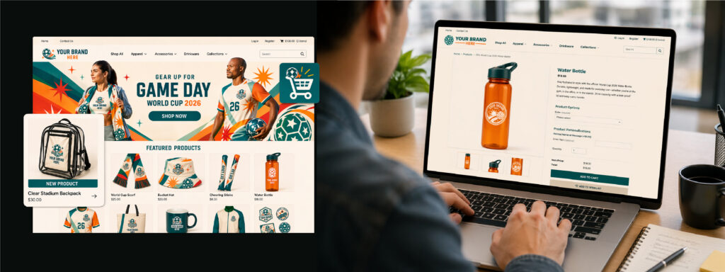 Split-screen image showing a sports merchandise online store homepage on the left, featuring products like bottles and bags, and a person shopping for an orange water bottle on a laptop on the right.