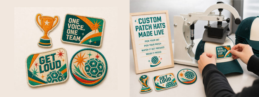 Four colorful soccer-themed embroidered patches are shown. Next, a person uses a heat press to attach a "FIFA World Cup 2023" patch to a green cap, with other patches and a “Custom Patch Hats Made Live” sign nearby.