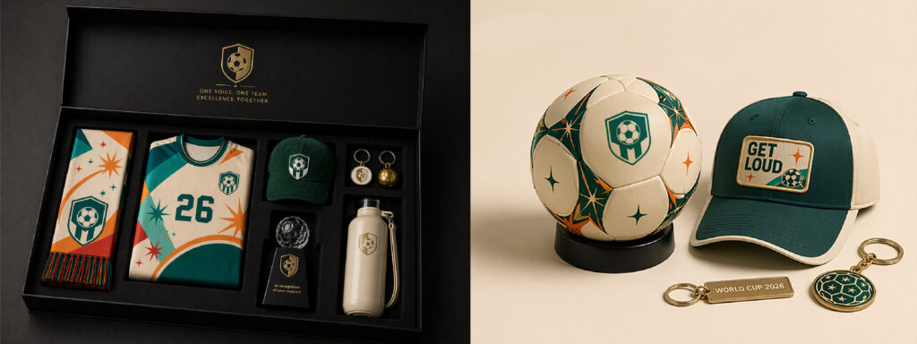 A gift set featuring a soccer jersey, scarf, cap, keychains, and water bottle with a soccer team logo. Next to the box are a soccer ball, a “GET LOUD” cap, and a keychain labeled “WORLD CUP 2026.”.