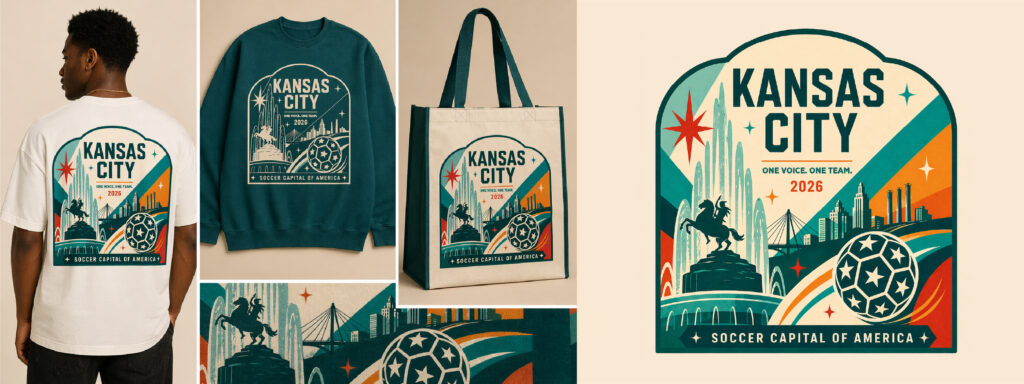 A collection of Kansas City-themed merchandise featuring a graphic design with city landmarks, a horse statue, a large soccer ball, and "Kansas City 2026 Soccer Capital of America" text printed on shirts, a tote bag, and a patch.