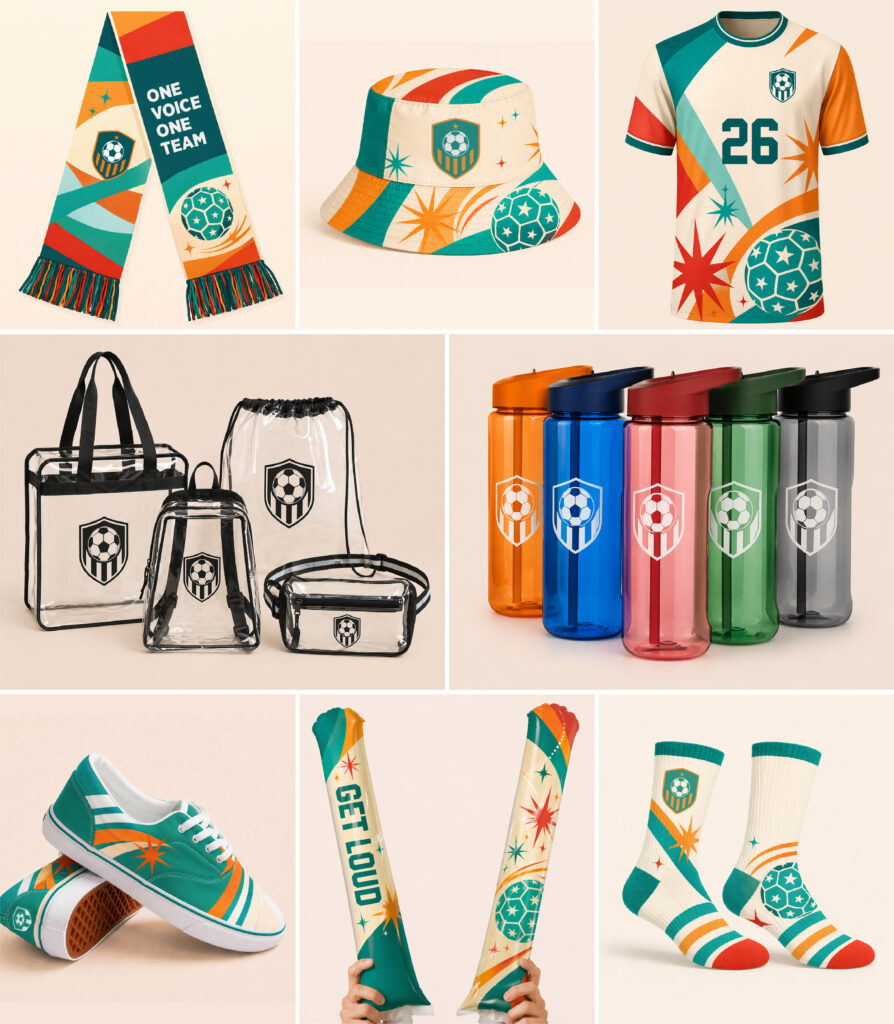 Collage of soccer fan merchandise in teal, orange, green, and cream, including a scarf, bucket hat, jersey, clear bags, colorful water bottles, sneakers, tall socks, crew socks, and inflatable cheer sticks.