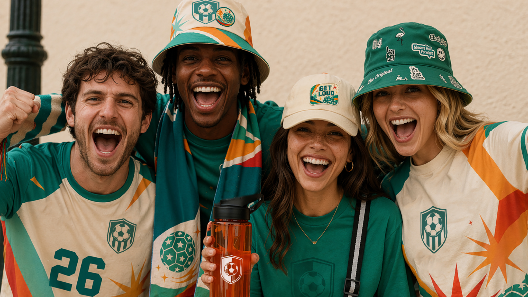 Four young adults wearing colorful soccer-themed outfits and hats smile and cheer together, one holding a water bottle with a soccer logo—highlighting their love for soccer-inspired promotional products—as they stand against a beige wall.