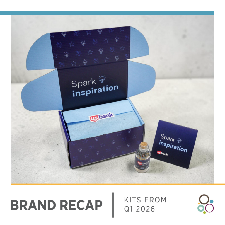 Q1 Promotional Products Lookbook An open blue US Bank gift box labeled "Spark inspiration" sits on a table with a matching card, a small bottle, and blue tissue paper. Text below reads "Brand Recap Kits from Q1 2026.