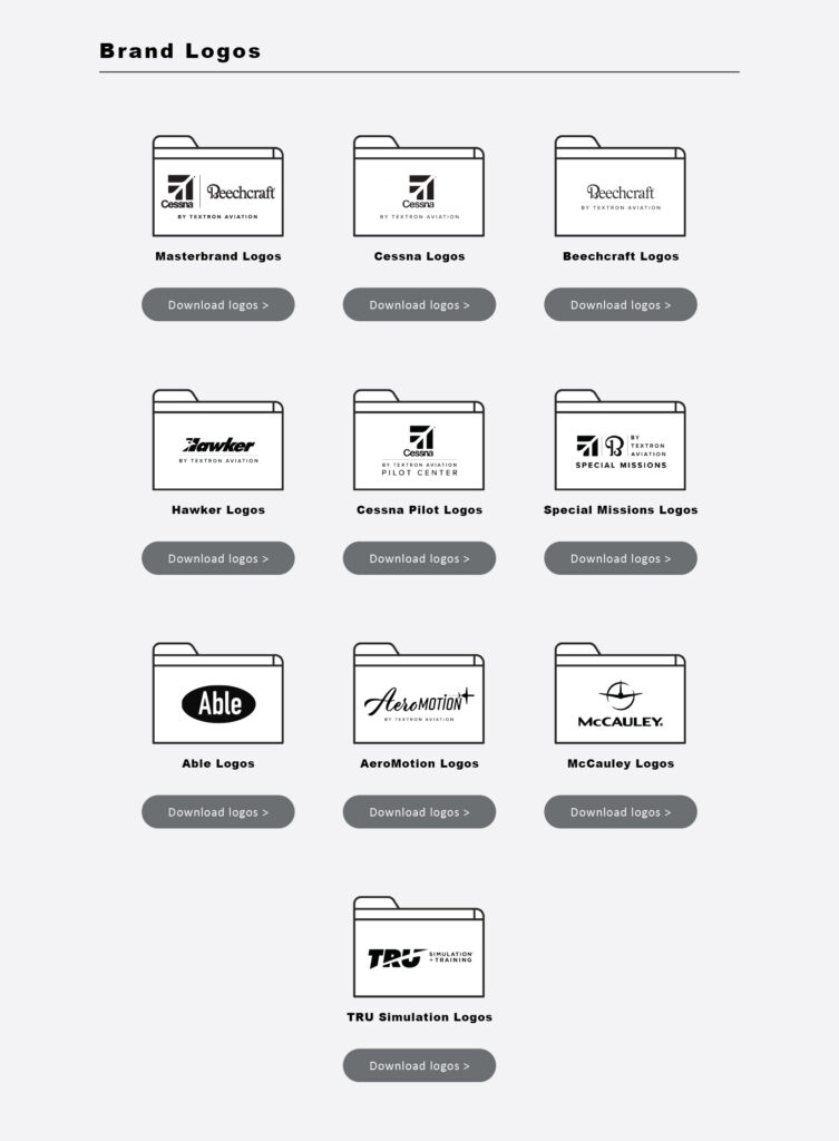 A grid of folders labeled with various aviation brand names and logos, including Beechcraft, Cessna, Hawker, McCauley, and others. Each folder has a button below labeled "Download logos.