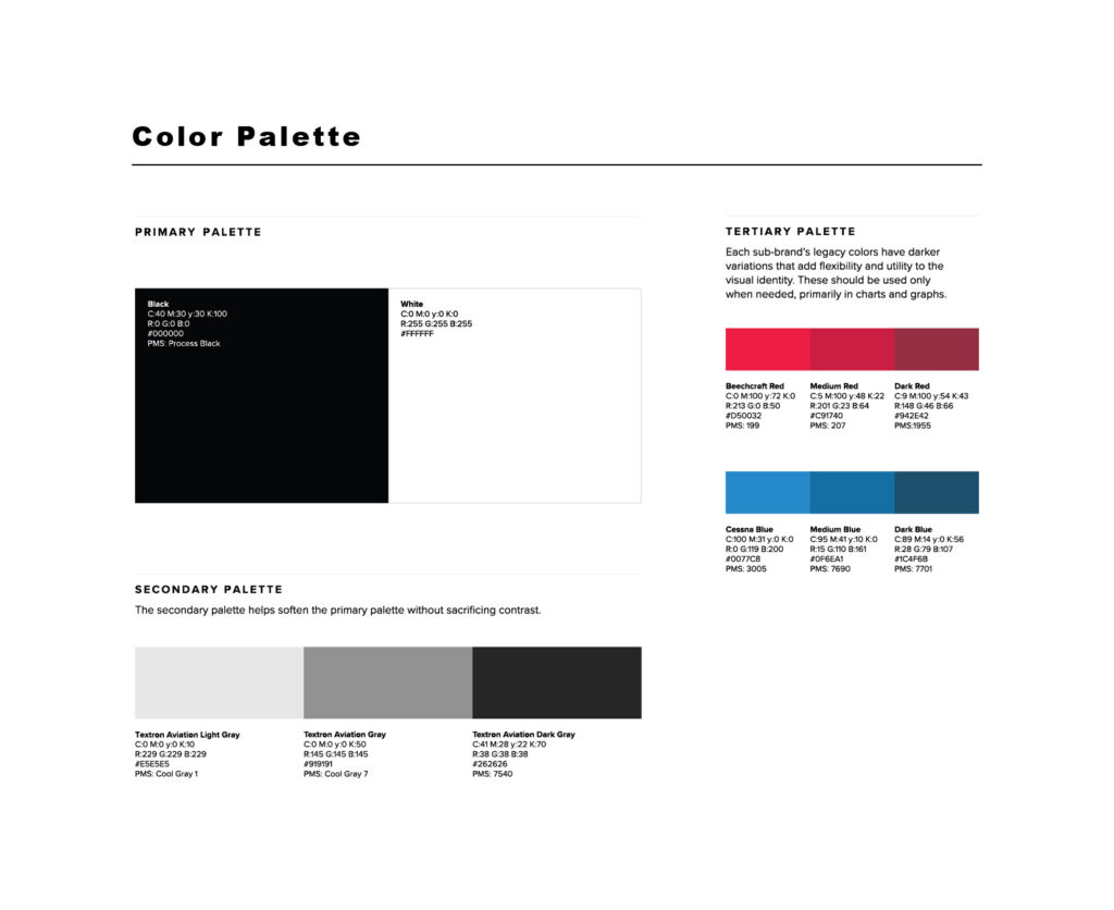A color palette guide showing primary (black, white), secondary (three shades of gray), and tertiary (eight colors with hex codes) palettes, each with labeled color swatches and usage descriptions.