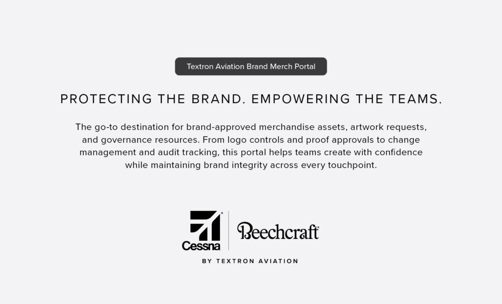 A webpage for the Textron Aviation Brand Merch Portal with logos for Cessna and Beechcraft. The page describes the portal as a resource for brand guidelines, asset management, and maintaining brand integrity.
