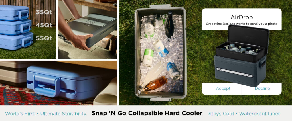 Collage showing a collapsible hard cooler in various states: stacked, being carried, filled with drinks and ice, and with an AirDrop notification. Text highlights features like storability, waterproof liner, and “Snap ’N Go Collapsible Hard Cooler.”.
