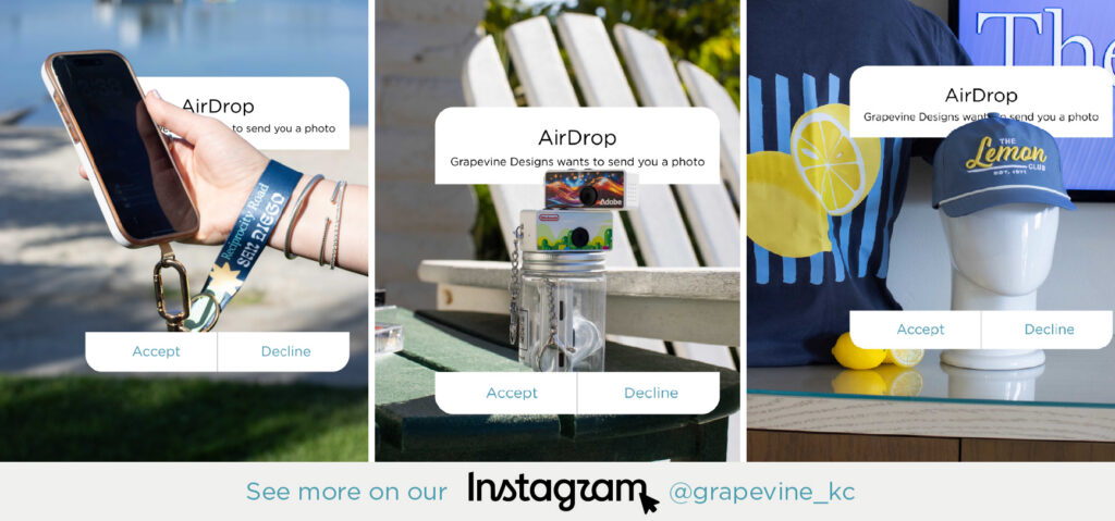Three photos show AirDrop requests for product images: a wrist keychain, a cup on a chair, and lemon-themed hats. Instagram handle @grapevine_kc is displayed at the bottom for Grapevine Designs.