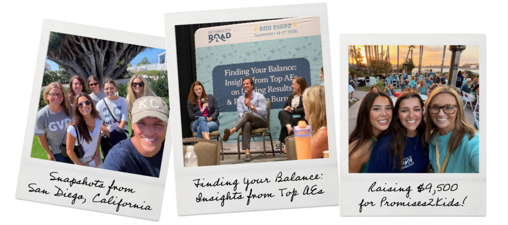 Three photos: a smiling group outdoors labeled “San Diego,” a panel event labeled “Finding Your Balance,” and two women at an outdoor event marked “Raising $9,500 for Promises2Kids.”.